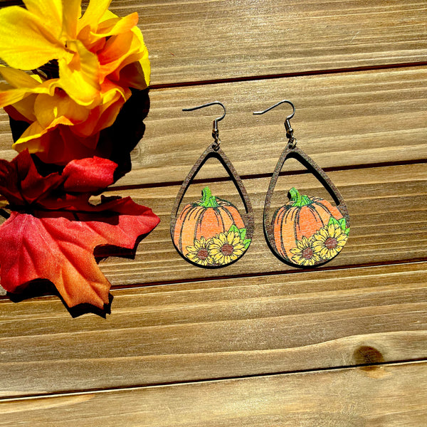 Wooden Pumpkin Sunflower Earrings