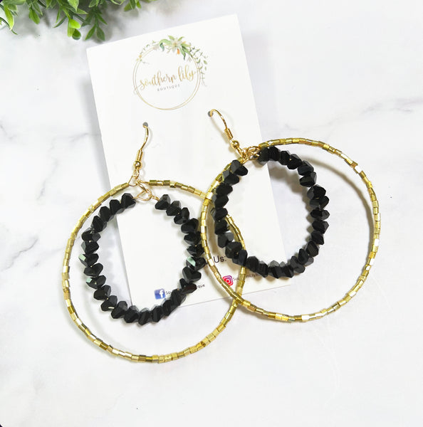 Black and Gold Beaded Earring Hoops